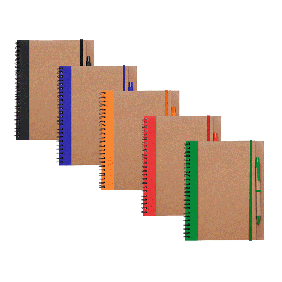 Notizblock mit Metall-Spiralbindung und Deckblatt aus recyceltem Karton inkl. Stift, Inhalt: 60 Blatt blanko, Personalisierung auf Anfrage