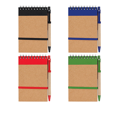 Notizblock mit Metall-Spiralbindung und Deckblatt aus recyceltem Karton inkl. Stift, Inhalt: 70 Blatt liniert, Personalisierung auf Anfrage